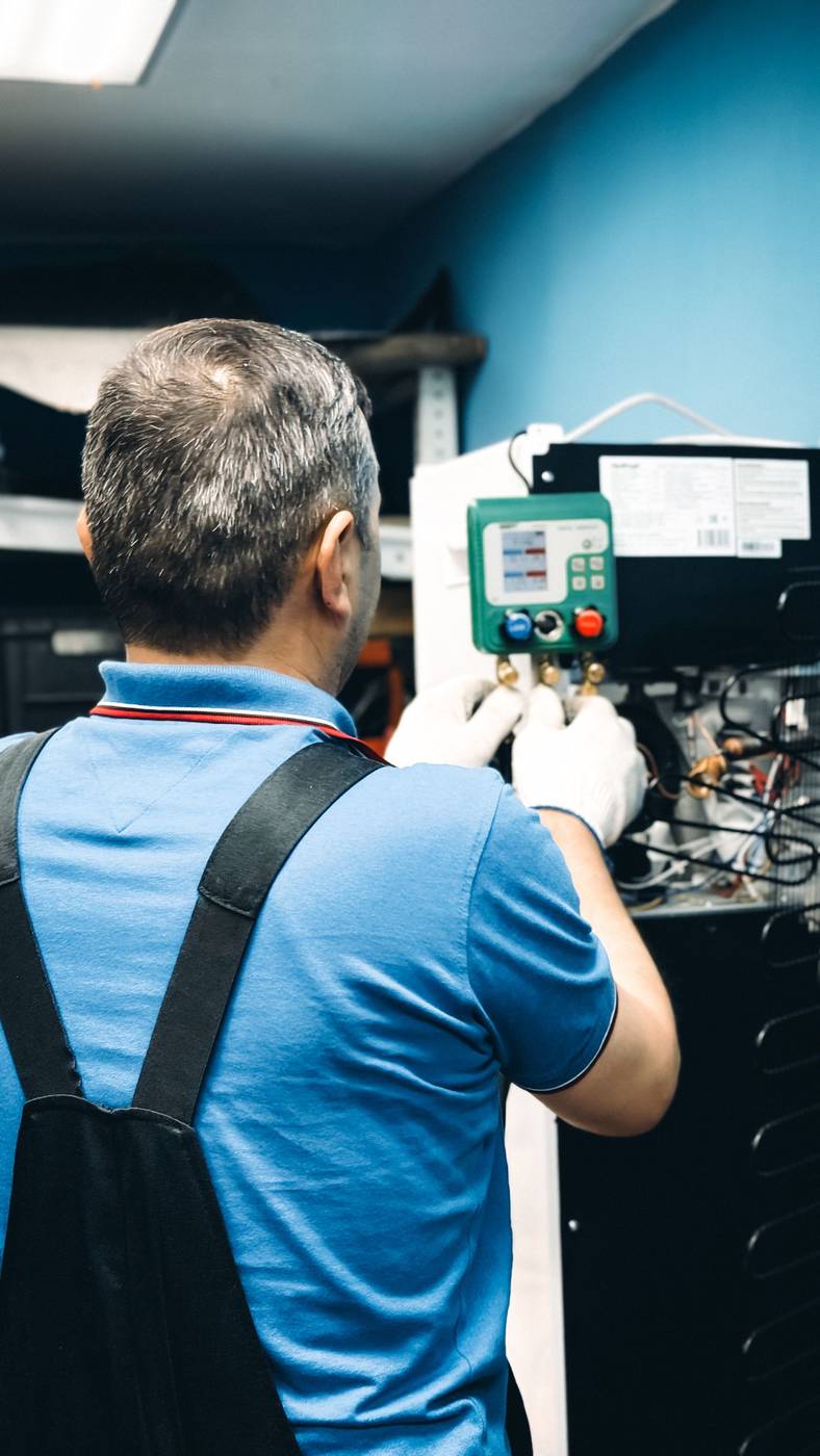 Technician servicing an indoor HVAC system with a digital manifold gauge